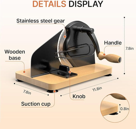Manual Bread Slicer for Homemade Sourdough, Adjustable Thickness,Hand Crank Bread Cutter with Stainless Steel Blade Slicing Guide, Scale Line Suction Cups & Solid Wood Base