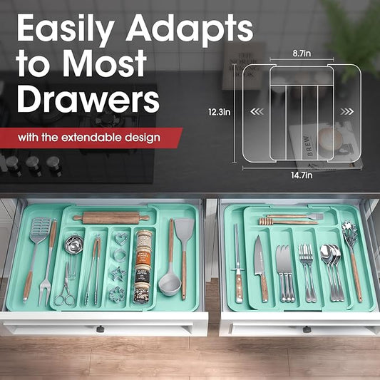 Aujen Silverware Organizer - Expandable Kitchen Drawer Organizer, Adjustable Utensil Organizer, Cutlery Tray for Forks, Knives, Multipurpose Kitchen Organizers and Storage Solution, Green, Medium