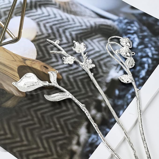 Lawie 10 Pack Silver Hair Sticks Flower Leaf Decorative Metal Long Hair Pins Bun Holders Chopsticks for Hair Chinese Hanfu Costume Retro Vintage Fancy Headpieces Accessories for Women Girls