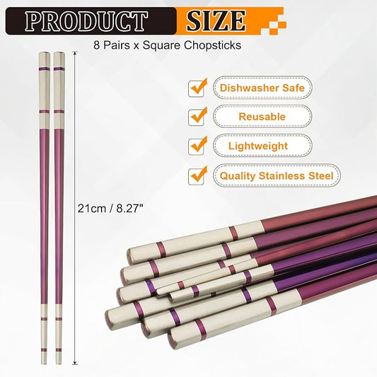 uxcell 8 Pairs Stainless Steel Chopsticks, 21cm / 8.27 Inch Metal Chop Sticks Square Lightweight Chopsticks Tableware Accessories Bulk for Home Kitchen Hot Pot Cooking, Purple