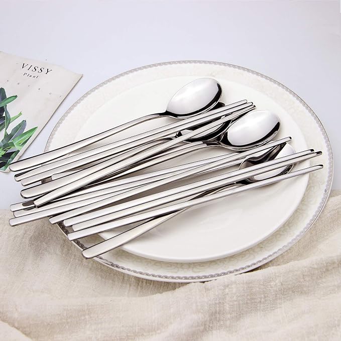 IQCWOOD Spoons and Chopsticks Set, 5 Pairs Stainless Steel Flat Chopsticks, 5 Set Korean Spoons, Metal Reusable Chop Sticks Dishwasher Safe for Home, Kitchen or Restaurant
