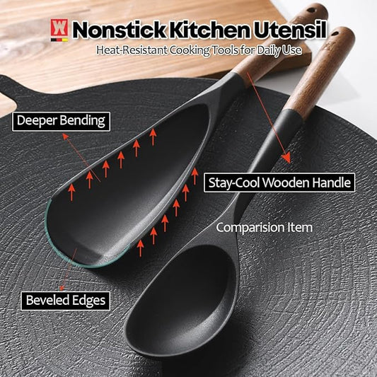 Set of 2pc Silicone Cooking Utensils: Wooden Handle Cooking & Serving Spoon+ Multi-Purpose Cooking Spoon, Heat Resistant Cooking Utensil, BPA Free, Safe Material for All Cooking Surfaces