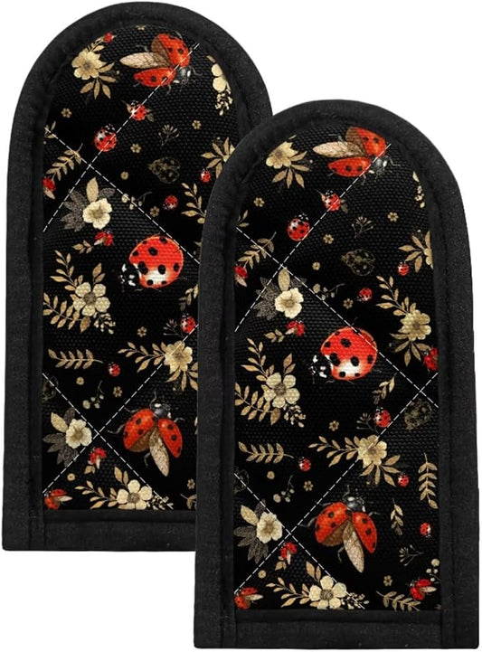 Coldinair Ladybug Floral Hot Handle Holder Heat Protecting Polyester Handle Cast Iron Skillets 2Pcs Cast Iron Skillet Handle Cover for Kitchen