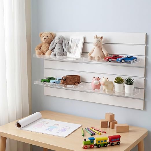 Yalikop 4 Pcs Slatwall Shelves Clear Acrylic Slatwall Shelves Organizer Wall Mounted Hanging Accessories Plastic Panel Display Shelf for Retail Store Boutique Garage Home(Fenced Style,14 x 6 Inch)