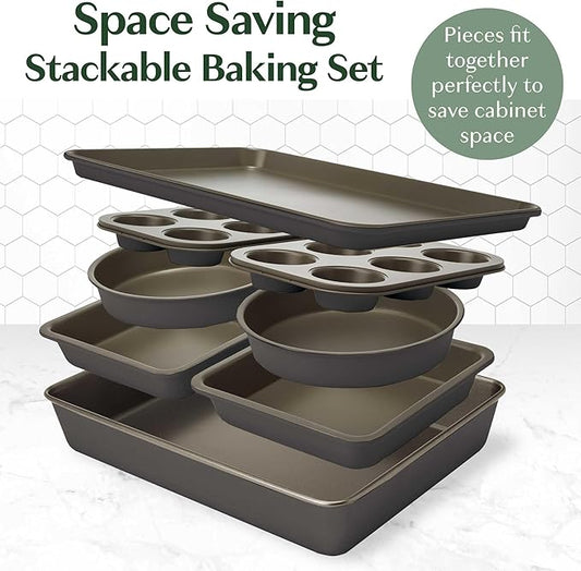 Goodful All-In-One Nonstick Bakeware Set, Stackable and Space Saving Design includes Round and Square Pans, Muffin Pans, Cookie Sheet and Roaster, Dishwasher Safe, 8-Piece, Graphite