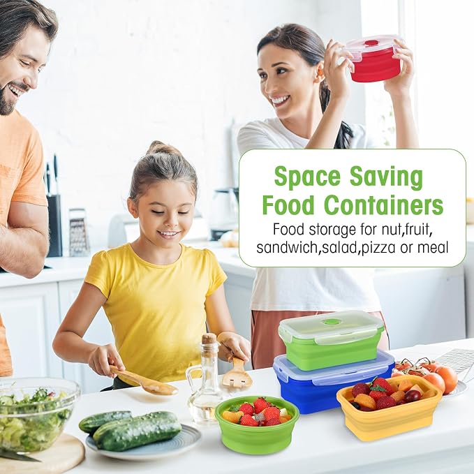 Yaomiao 16 Pack Collapsible Food Storage Containers with Lid Air Vent Foldable 8 Rectangle Storage Bowl and 8 Round Silicone Food Bow for Lunch Camping Rv Accessories Microwave Freezer(Bright Colors)