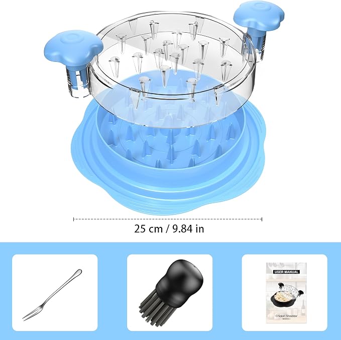 Chicken Shredder Tool Twist Large Meat Shredder with Brush&Fork, Sky Blue | Visible Chicken Breast Shredder, Strong Anti-Slip Strip, Ergonomic Handle, BPA Free, Kitchen Gadgets for Pork Beef Chicken