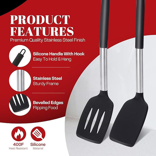Silicone Spatula Set - Pack of 2 Non Stick Slotted Kitchen Spatulas, Heat Resistant Silicone Turner for Frying, Baking, BPA-Free, Slotted Spatula for Nonstick Cookware