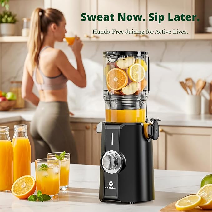 LINKChef Cold Press Juicer Machine, 4.53" Whole Fruit Slow Masticating Juicer with Auto Cutting, 200W Quiet Motor & High Juice Yield, Easy Clean Compact Juicer Extractor with Recipe Guide