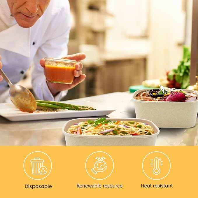 50 Pack 32 OZ Large Paper Bowls with Lids, Heavy Duty Disposable Compostable Container for Party, Disposable Bowls Bulk Soak-Proof and Microwave Safe for Hot/Cold Use(32OZ-50PACK)