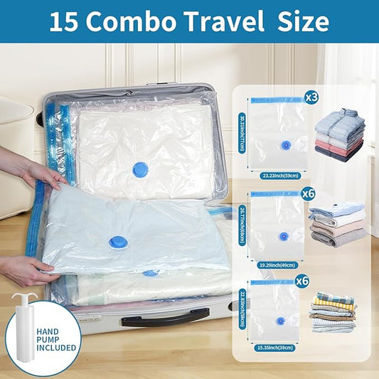 Travel Vacuum Storage Bags with hand Pump,15 Pack Compression Bags for Clothes, Space Saver for Luggage & Carry-on Suitcase, Leak-Proof