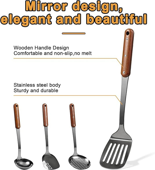 FJNATINH Stainless Steel Wok Spatula,Slotted Spatulas,Ladle,Skimmer Ladle Tool Set,Mirror Polished Cooking Utensils Kitchen Cookware, Pack of 4,Black