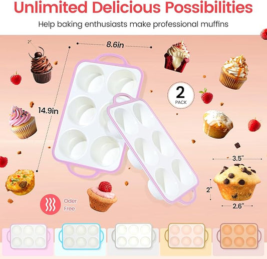 Silicone Jumbo Muffin Pan with Metal Frame, Non Stick Food Grade Silicone Large Muffin Pan, with Handles 6 Cup,BPA-Free and Dishwasher Safe, Jumbo Cupcake Pans - 2 Piece Pink
