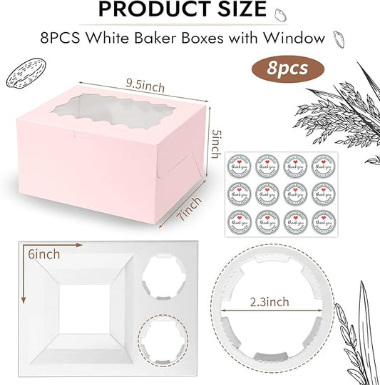 JCD 8Pcs Pink Cake Cupcake Combo Boxes Clear Lid with 2 Cupcake Holes -Clear Window Bento Cake Boxes for Bakery Baking Supplies(Pink 1+2/8Pcs)