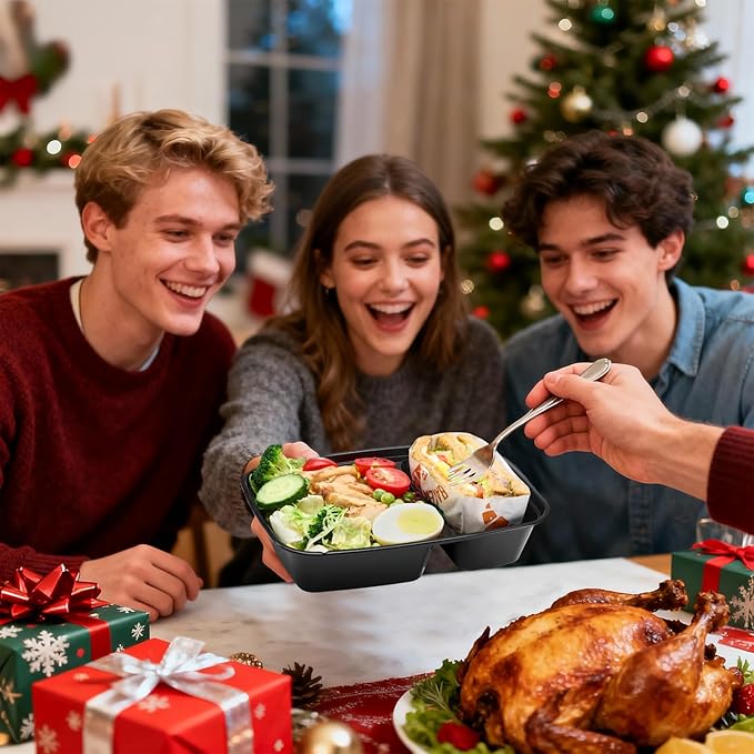 Glotoch Express 300 Pack 32oz Black 2 Compartment Square Meal Prep Containers, Food Storage Containers with Lids for Microwave Dishwasher Freezer Safe