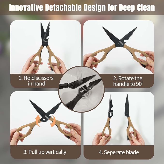 Kitchen Scissors All Purpose, Extra Sharp Kitchen Shears with Knife Sharpener & Sheath, Solid & Durable Stainless Steel Scissors with ANTI-RUST Black Titanium Plated, Dishwasher Safe – Brown