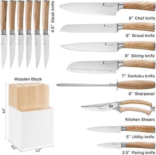 Natura Series 15 PCS Knife Block Set, Ultra Sharp High Carbon Stainless Steel with Wooden Handle