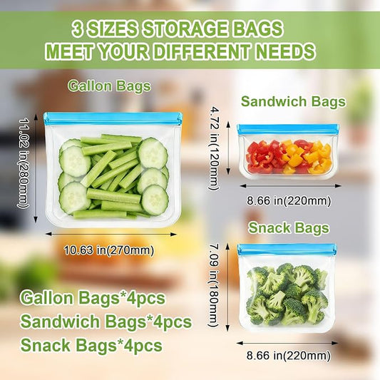 12 Pack Silicone Bags for Food Storage,Reusable Silicone Food Storage Bags,Freezer, Microwave & Dishwasher Safe,Reusable Freezer Food Bags, Leakproof-4 Gallon 4 Snack 4 Sandwich Bags,Blue