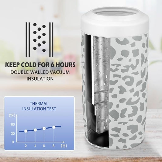 4-in-1 Slim Can Cooler Easy to Hold Insulated Beer Can Holder Double-walled Stainless Steel for All 12 Oz Cans Gift (White Leopard)
