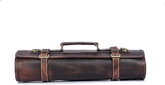 Leather Knife Roll Storage Bag, Elastic and Expandable 10 Pockets, Adjustable/Detachable Shoulder Strap, Travel-Friendly Chef Knife Case (Florida Brown, Leather)