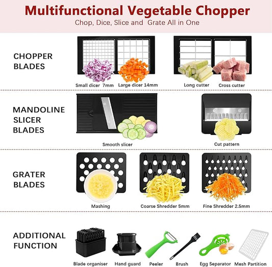 Vegetable Chopper, Onion Chopper Dicer, Mandoline Slicer, Food Chopper with Container, Vegetable Cutter for Salad Potato Carrot Garlic(9 Blades, White Black)