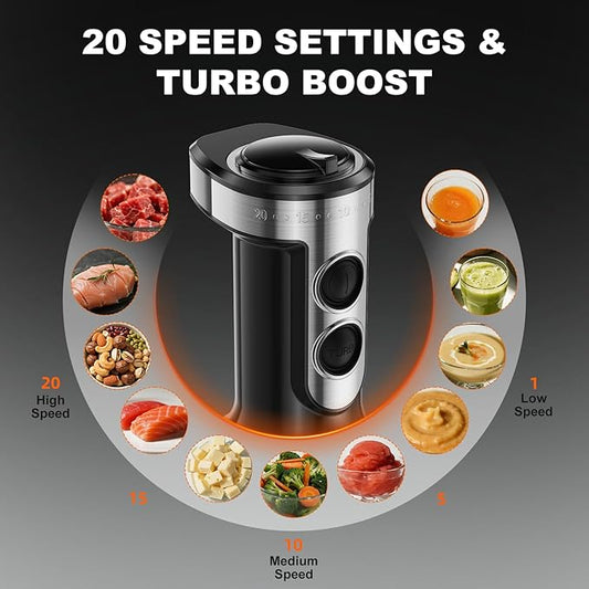 Immersion Blender, PRASKY 1200W 20 Speeds Electric Handheld Portable Stick Mixer, 5-in-1 Hand Blender Stainless Steel with Turbo Mode,Chopper, Whisk, Milk Frother for Soup, Smoothies,Puree, Baby Food