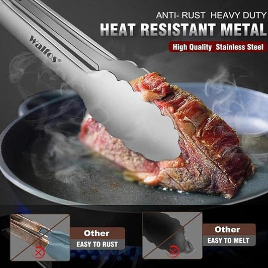 Walfos Kitchen Tongs for Cooking, 600℉ Heat Resistant Stainless Steel Tongs, All Metal Heavy Duty Tongs For Food ,BBQ Grilling - 7 ,9 and 12 Inch ,Set of 3