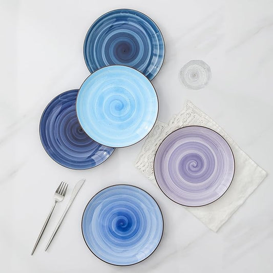 Selamica Ceramic Dinnerware Sets for 6, 18 Pieces Plates and Bowls Set, Scratch Resistant Dishes Set, Handpainted Swirl with Spot Dishwasher & Microwave Safe, Gradient Blue