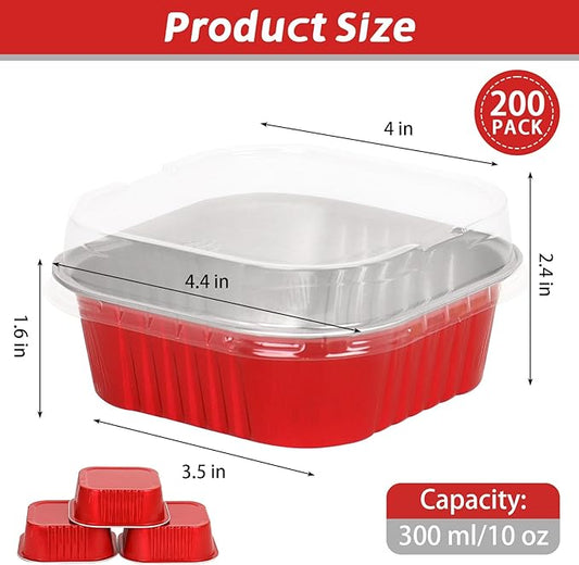 200 Pack 10 oz Red Square Mini Cake Pans with Lids, Mini Loaf Pans with Lids, Aluminum Foil Square Brownie Baking Cups for Ramekins Muffin Cupcake Wedding Birthday Party