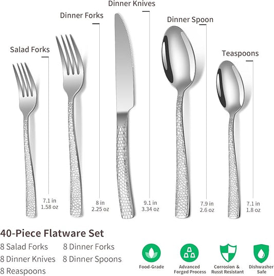40-Piece Silverware Set, Silver Hammered Stainless Steel Flatware Sets for 8, Food-Grade Tableware Set, Including Fork Knife Spoon Set, Home Kitchen Cutlery Sets, Dishwasher Safe