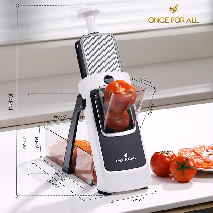 ONCE FOR ALL Safe Mandoline Slicer Pro, Veggie Slicer with Container, Gray | 4th Gen, 0.1-8mm Adjustable Kitchen Mandoline Slicer, Veggie Chopper Cutter For Potato Onion Fruit, Stainless Steel, Gift