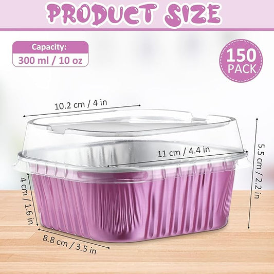 Aoriher 150 Pieces 10 oz Mini Cake Pans with Lids Aluminum Foil Baking Cups Square Disposable 4" x 4" Large Cupcake Cups Baking Tins for Kitchen Brownie Pudding Desserts Holders(Rose Red)