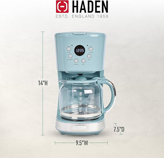 Haden Brighton Coffee Machine, 12 Cup Programmable Drip Coffee Maker with Auto Shut-Off Function and Reusable Washable Water Filter, Sky Blue & Chrome