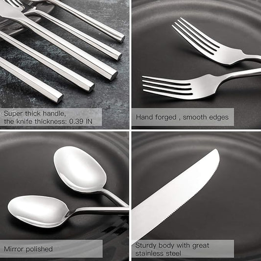 Silverware Set Flatware Set 40 Pieces Stainless Steel Cutlery Set Hexagonal Pattern Mirror Finished Home Daily Use Housewarming Wedding Gift Service for 8