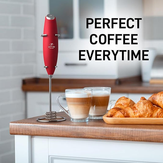 Zulay Kitchen Tornado Whisk Milk Frother with 4 AA Duracell Batteries - Triple Whisk for More Power - Handheld Coffee Frother with Stand - Drink Mixer for Lattes, Matcha & Protein Shakes