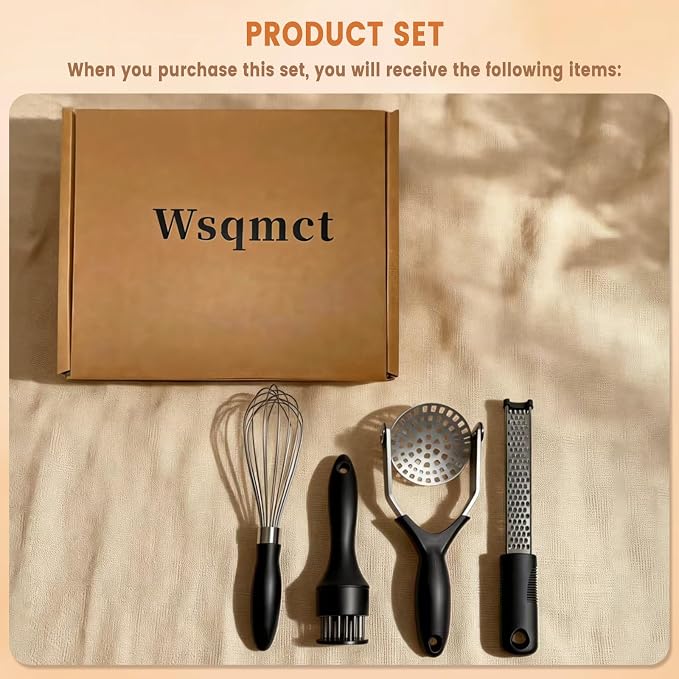 Kitchen Gadgets Set Stainless Steel Cooking Tools Essentials, Black, 4Pcs | Includes Whisk, Meat Tenderizer, Potato Masher Smasher, Grater Zester, Soft Ergonomic Handle, Dishwasher Safe, Space Saving
