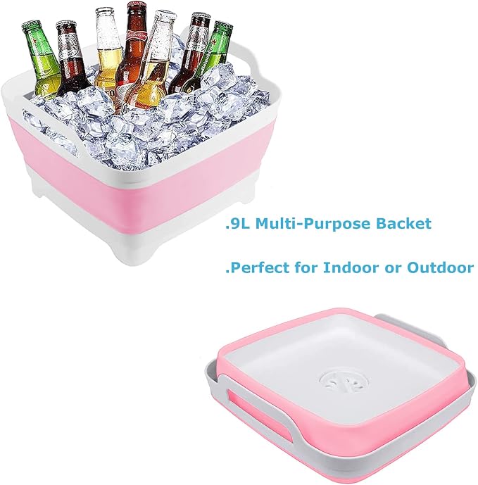 Collapsible Wash Basin 9L, Foldable Dish Tub with Drain Plug, Portable Collapsible Dish Basin, Camping Sink for Washing Dishes, Laundry & Kitchen Use (Pink)