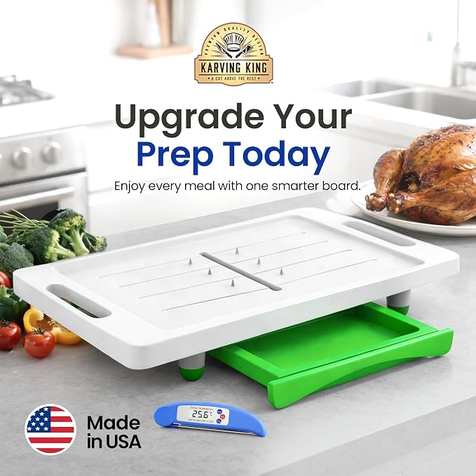 Karving King XL Deluxe Cutting Board - Spikes, Drip Tray & Meat Thermometer