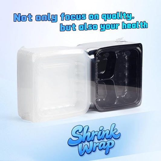 YANGRUI Plastic Containers 8" 34 oz 25 Pack - Reusable Anti Fog Crystal Lid | BPA Free PP Freezer & Microwave Safe Shrink Wrap To Go Box | Black Restaurant Hotel Grade 3 Compartment Takeout Container