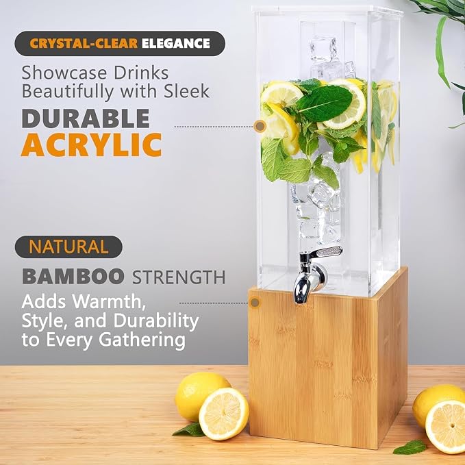 KSESTOR Acrylic Drink Dispenser - 1.25 Gal with Stand and Ice Core | BPA-Free Acrylic Beverage and Juice Dispenser with Bamboo Stand, Ice Core, and Steel Spigot for Parties, Weddings and Events