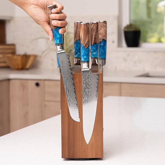 SENKEN Rotating Magnetic Knife Block without Knives, Natural Acacia Hardwood - 360 Degrees Rotation - Ultra Strong Neodymium Magnets, Universal Knife Holder & Storage (Block with Steak Knife Slots)