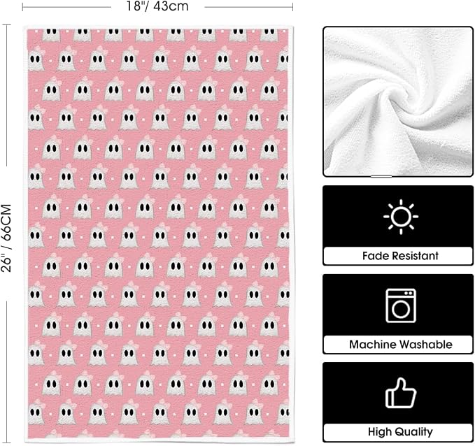 Artoid Mode Pink Ghost Halloween Kitchen Towels Set of 2 18x26 Inch | Spooky Bow Knot Hand & Dish Towels,Ultra Absorbent,Seasonal Farmhouse Decoration