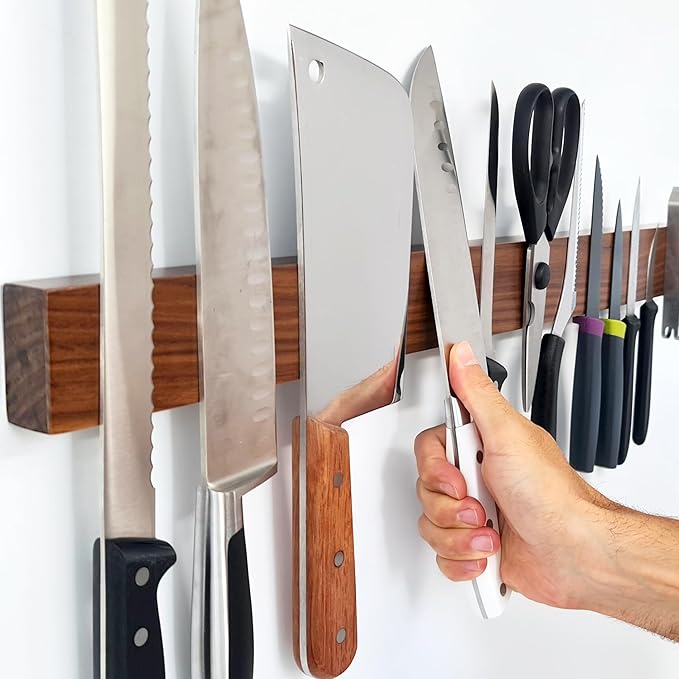 Premium 24 Inch (Large Size) Dark Walnut Wood Magnetic Knife Holder – Professional Wooden Magnetic Knife Strip - Space-Saving Knife Rack/Knife Bar With Powerful Magnetic Pull Force (Upgraded Version)