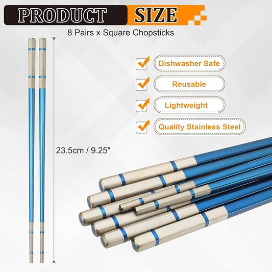 uxcell 8 Pairs Stainless Steel Chopsticks, 23.5cm / 9.25 Inch Metal Chop Sticks Square Lightweight Chopsticks Tableware Accessories Bulk for Home Kitchen Hot Pot Cooking, Blue