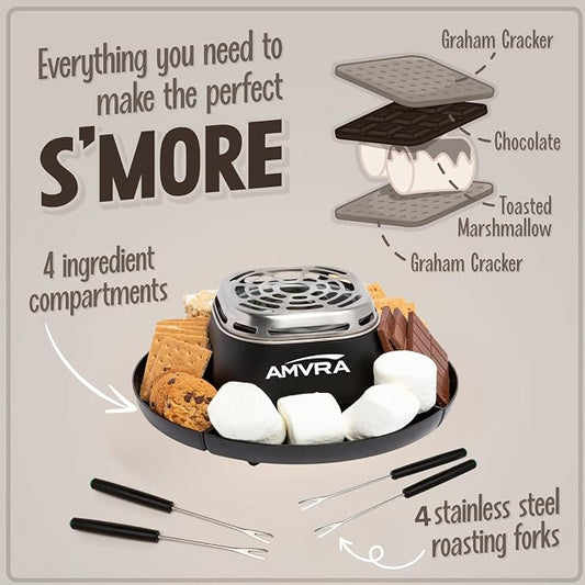 AMVRA Indoor Electric S'Mores Maker Smores Kit with 4 Stainless Steel Marshmallow Roasting Sticks and 4 Trays for Graham Crackers, Chocolate, and Marshmallows - Movie Night Supplies - Black