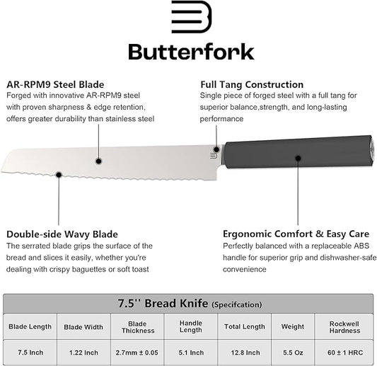 7.5" Serrated Bread Knife for Homemade Bread, Razor Sharp AR-RPM9 Steel & Innovative Wavy Edge, Professional Serrated Knife for Sourdough Bread Cake, Gift Box for Baker Home Chefs