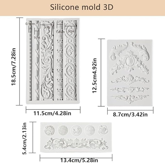3 Pcs Baroque Silicone Molds Baroque Style Curlicues Scroll Lace Fondant Silicone Mold Scroll silicone Baroque Mold Relief Flower Lace Mould for Wedding Birthday Cake Decoration