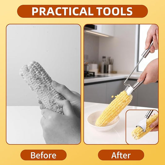 Upgraded Corn Peeler 3PCS Stainless Steel Corn Peeler for Corn on The Cob with Corn Stripper Tool and Corn Holder Set, Corn Cob Stripper Tool for Quick & Easy Peeling, Corn Scraper for Kitchen