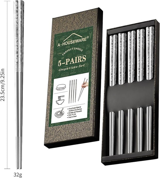 5 Pairs Dragon Chopsticks Set Premium Stainless Steel 316 Kitchen Dinning Utensils Silver Reusable Metal Chop Sticks Tableware Gift Set 9.26 Inches