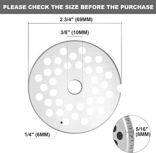 #12 Meat Grinder Plate 6mm, Heavy Duty Stainless Steel | Fits #12 grinders & makes 6mm grind, Rustproof stainless steel, For coarse sausage & burger, Heavy duty for home use.